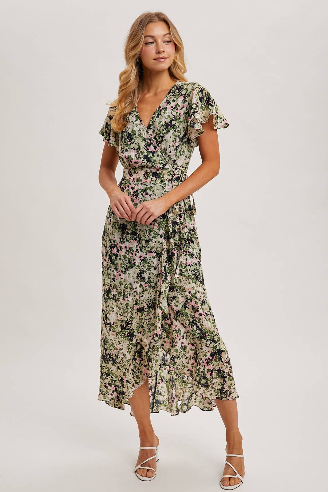 FLORAL PRINT WRAP RUFFLED MIDI DRESS: BLUE D02356