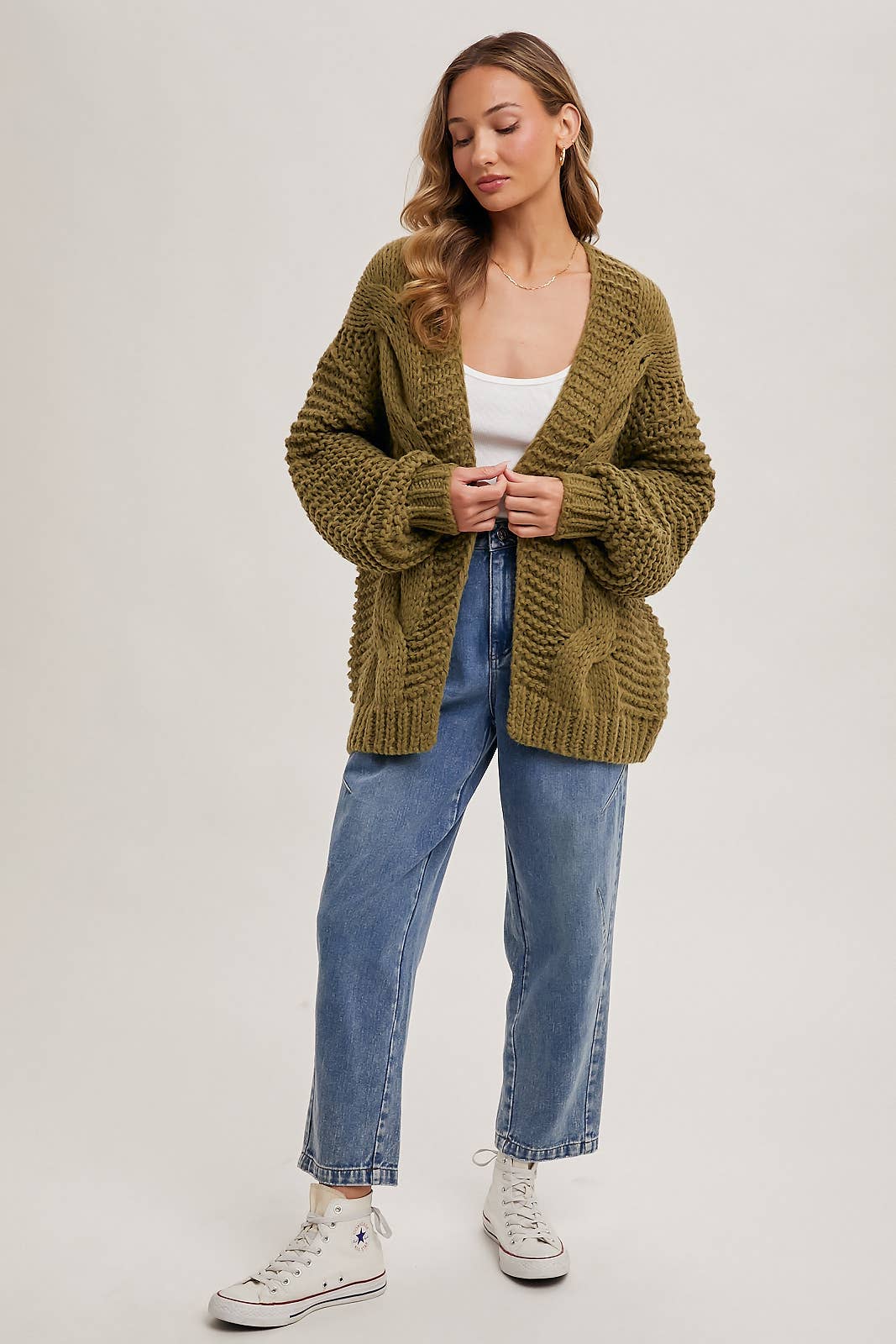 CHUNKY CABLE CARDIGAN: OLIVE / C01713
