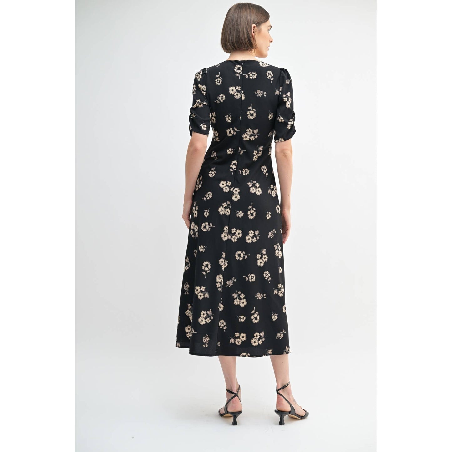 FLOWER PRINT V NECK MIDI DRESS: Black / FD68112_1