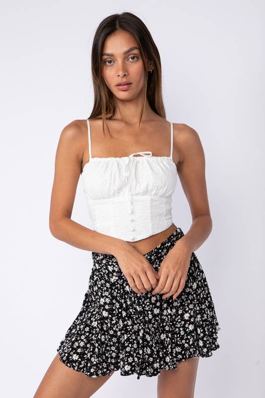 WHITE EYELET SLEEVELESS FRONT BUTTON CROP TOP: Purity / ST-T1037F
