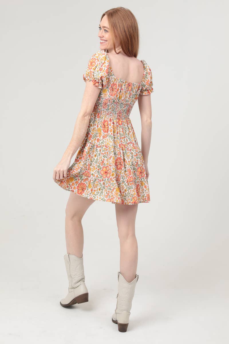 C4954-WA34 V NECK SMOCKED WAIST PUFF SLEEVE SHORT DRESS