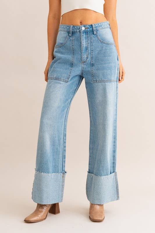 High Waisted Wide Leg Cuffed Jeans: Lt Denim / IP3143