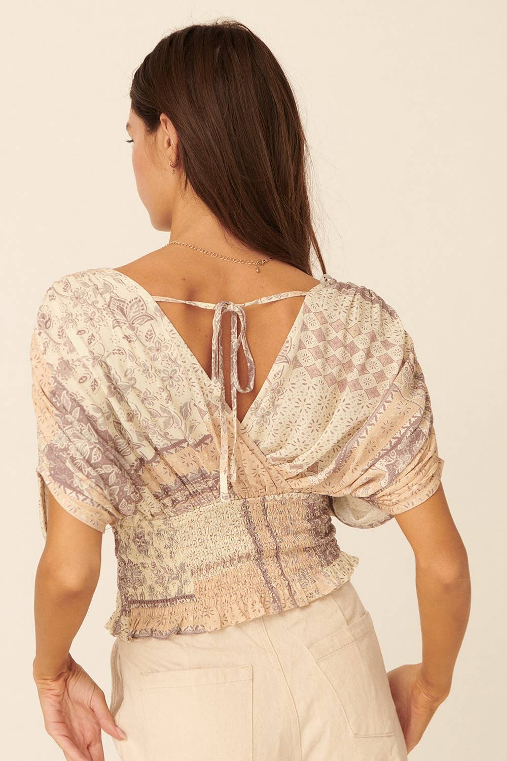 Floral-Patchwork Kimono Sleeve Smock Waist Top: Seagrass