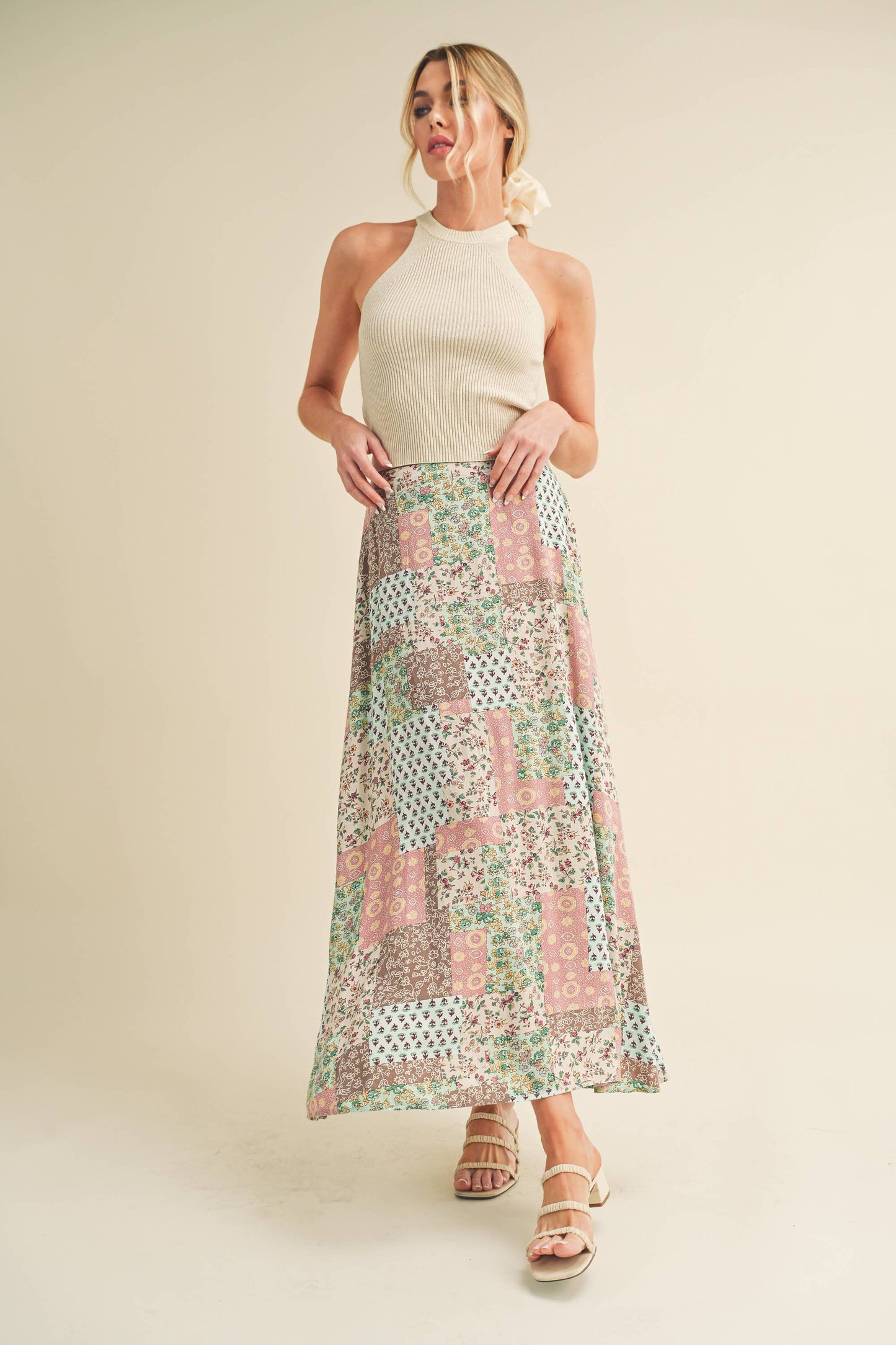 773DN-C6 Bradyn Patchwork Print Skirt / Mint/Pink