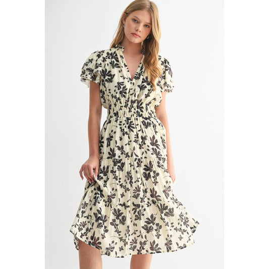 FLOWER PRINT RUFFLE SLEEVE MIDI DRESS: Ivory / FD68025