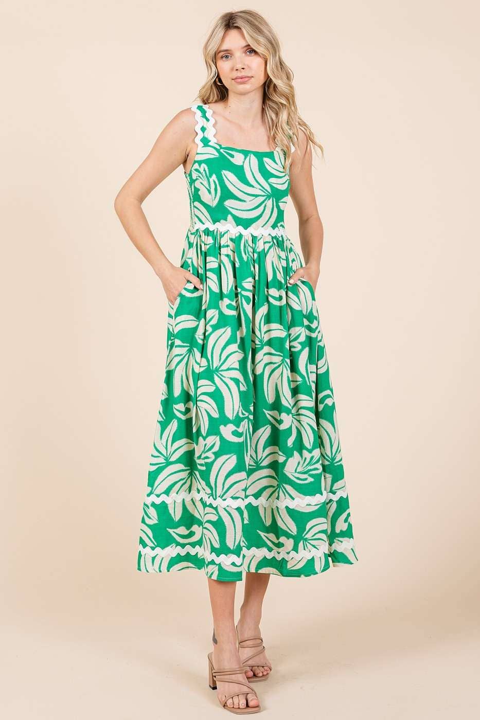 TROPICAL LEAF PRINT WAVY SLEEVELESS MIDI DRESS: FUCHSIA / M43303