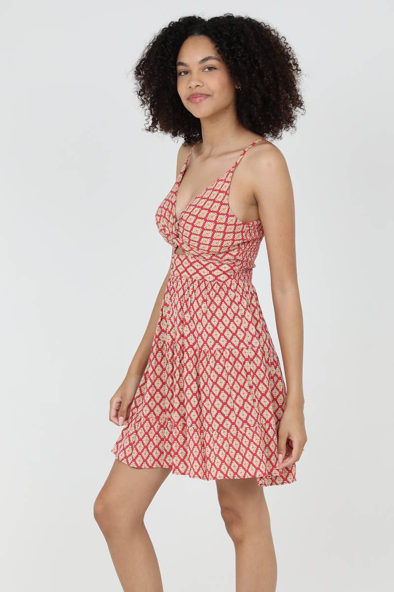 C4143-WA42 PRINTED V NECK TWIST FRONT CUT OUT SUNDRESS