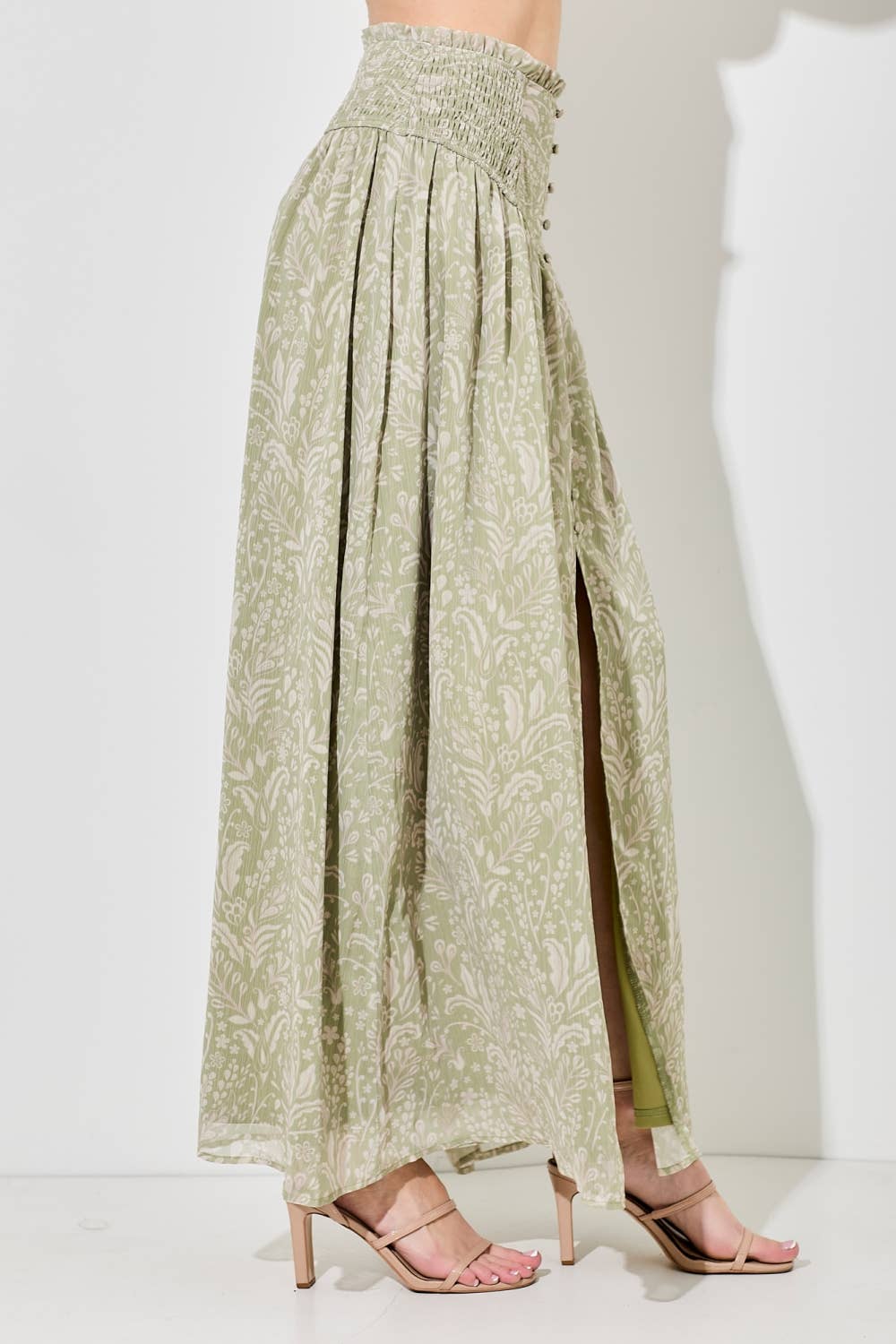 PRINTED BUTTON UP MAXI SKIRT W SLIT: LT SAGE