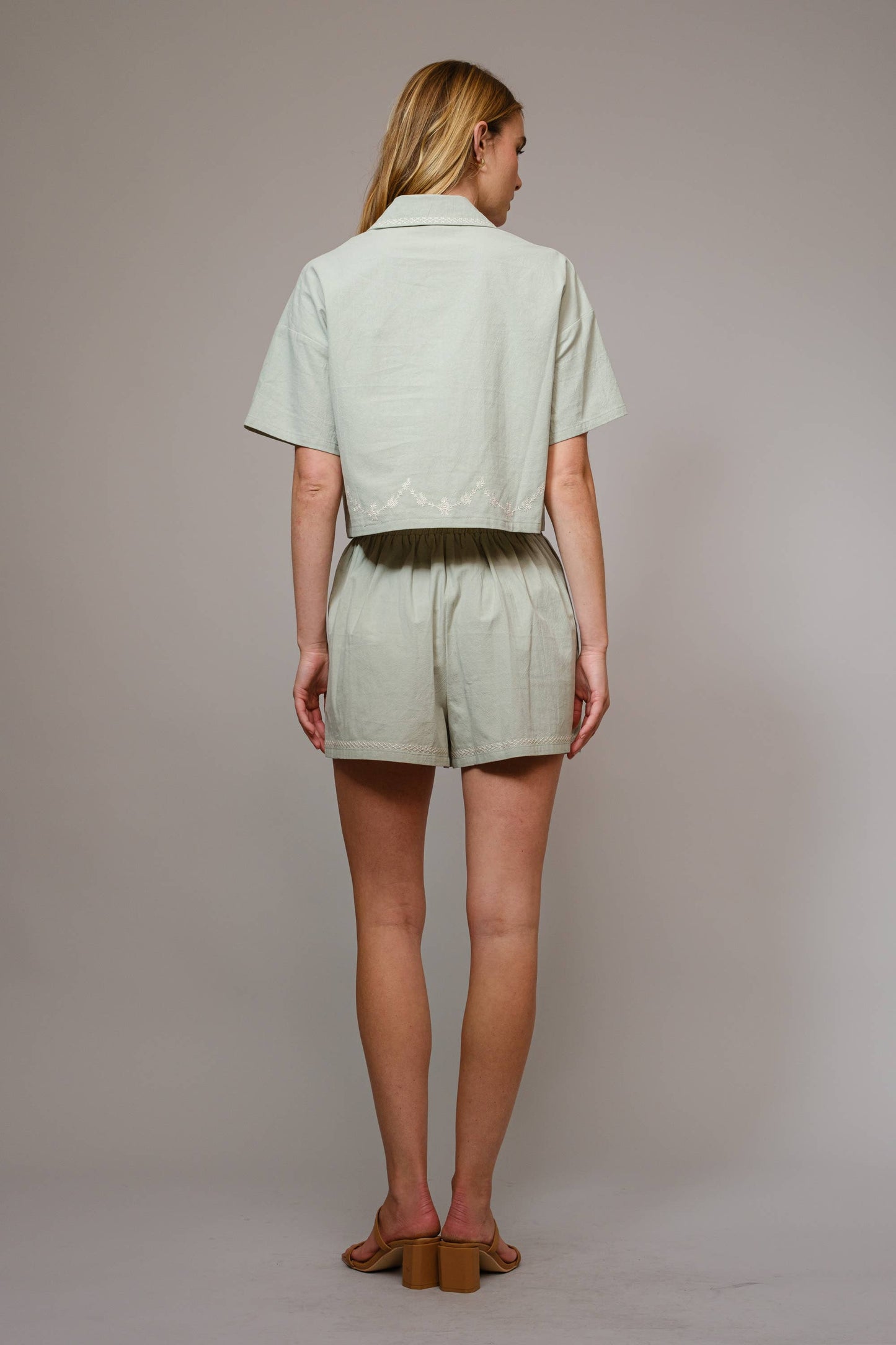Shorts only 💖💖💖 - Cotton Embroidered Crop Shirt Set: TAN / 94380SET