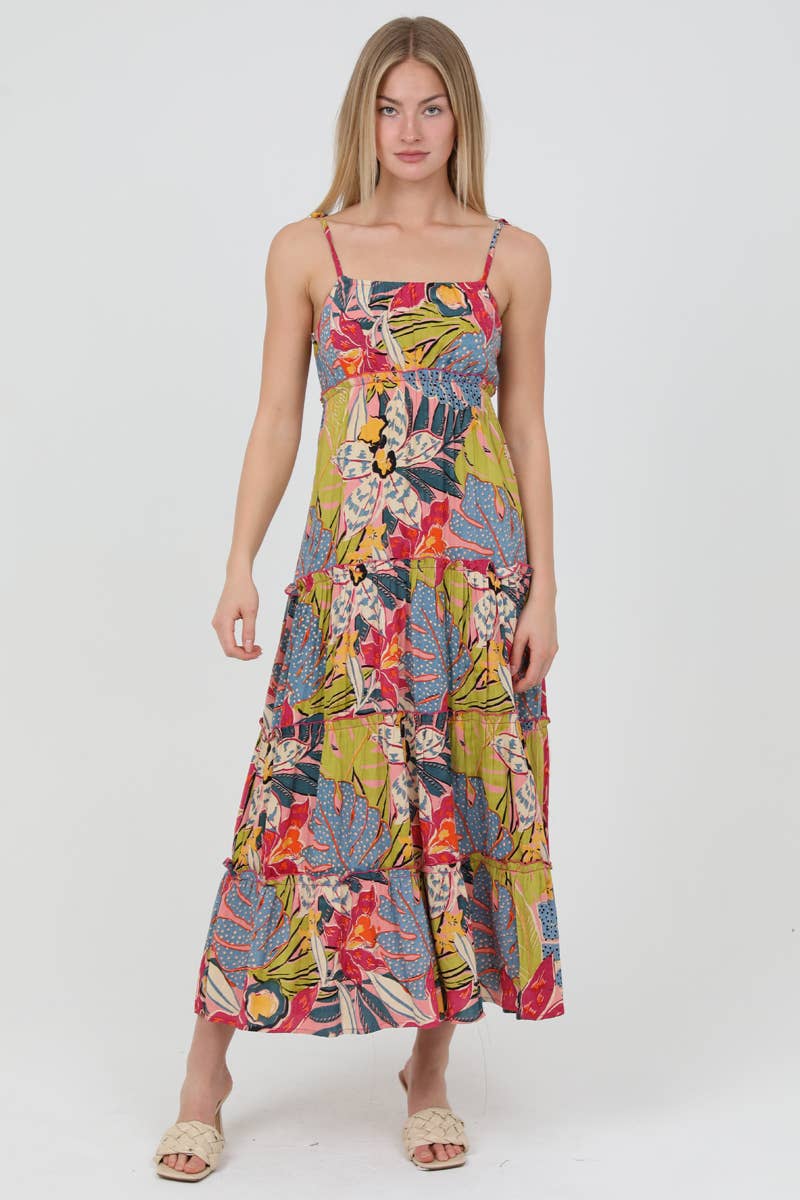 C4A15-A865 TIE STRAPS TIERED MAXI DRESS IN TROPICAL PRINT