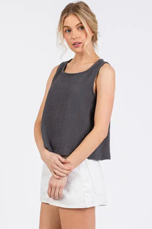 Cotton Gauze Round Neck Sleeveless Top - NT31273A: Black