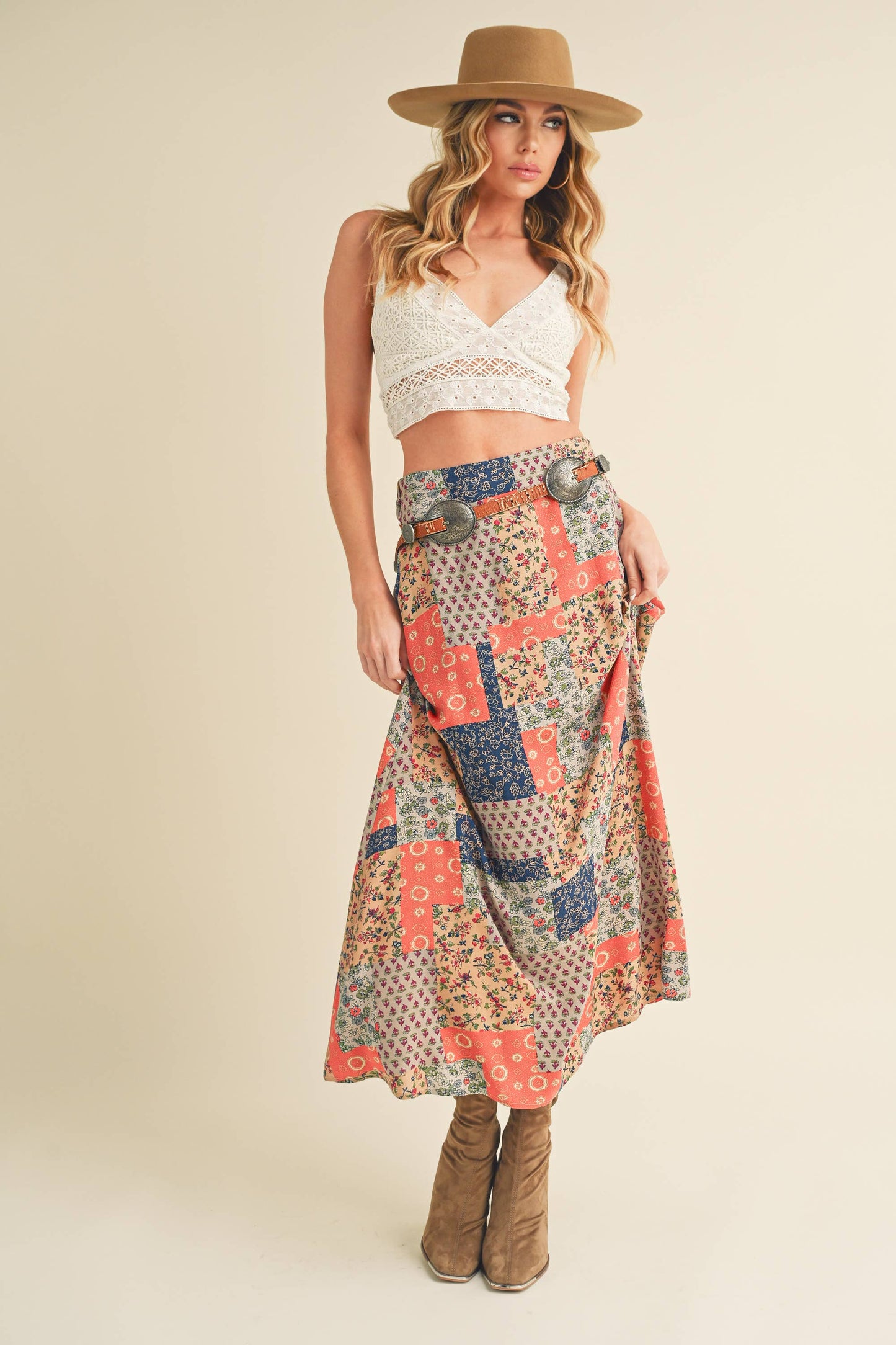 773DN-C6 Bradyn Patchwork Print Skirt / Mint/Pink