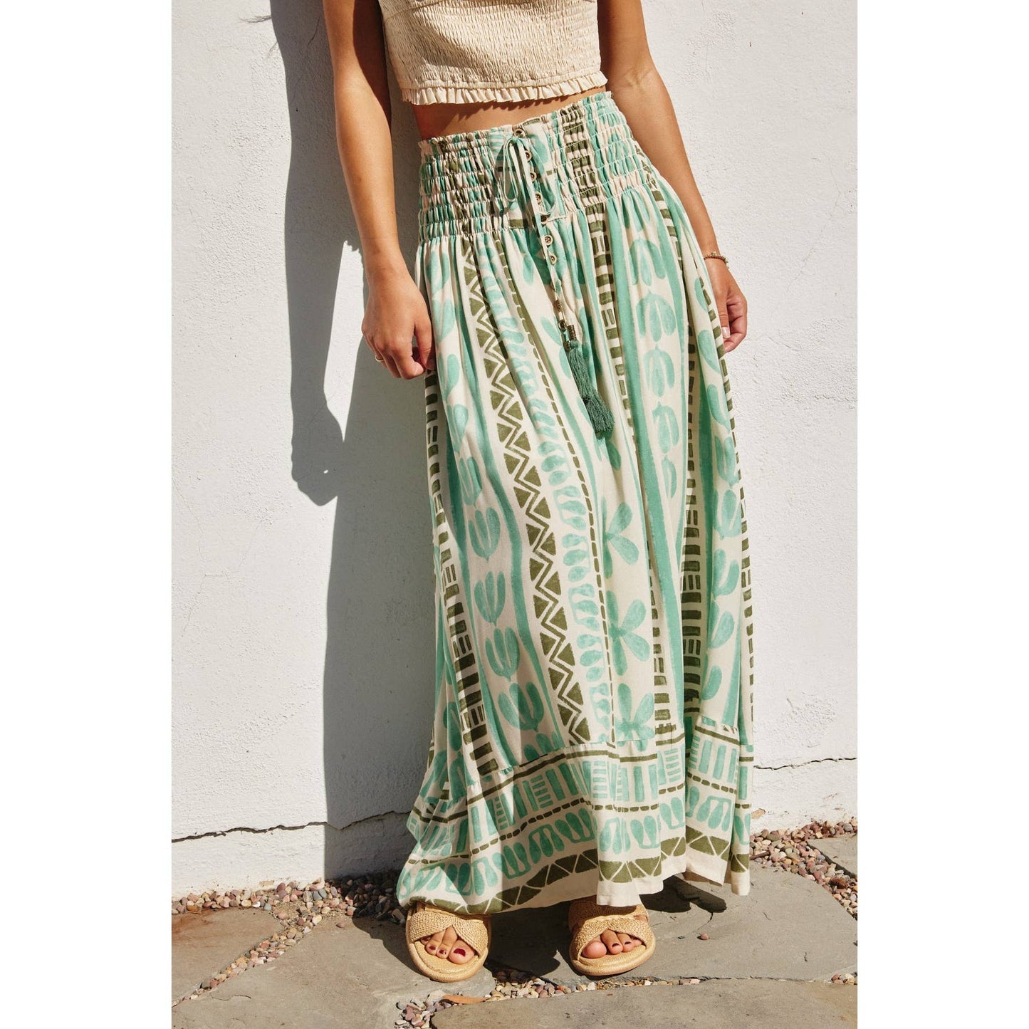 Island Time Smocked Hip Midi Skirt: MEADOW MIST / FS12202-P1969