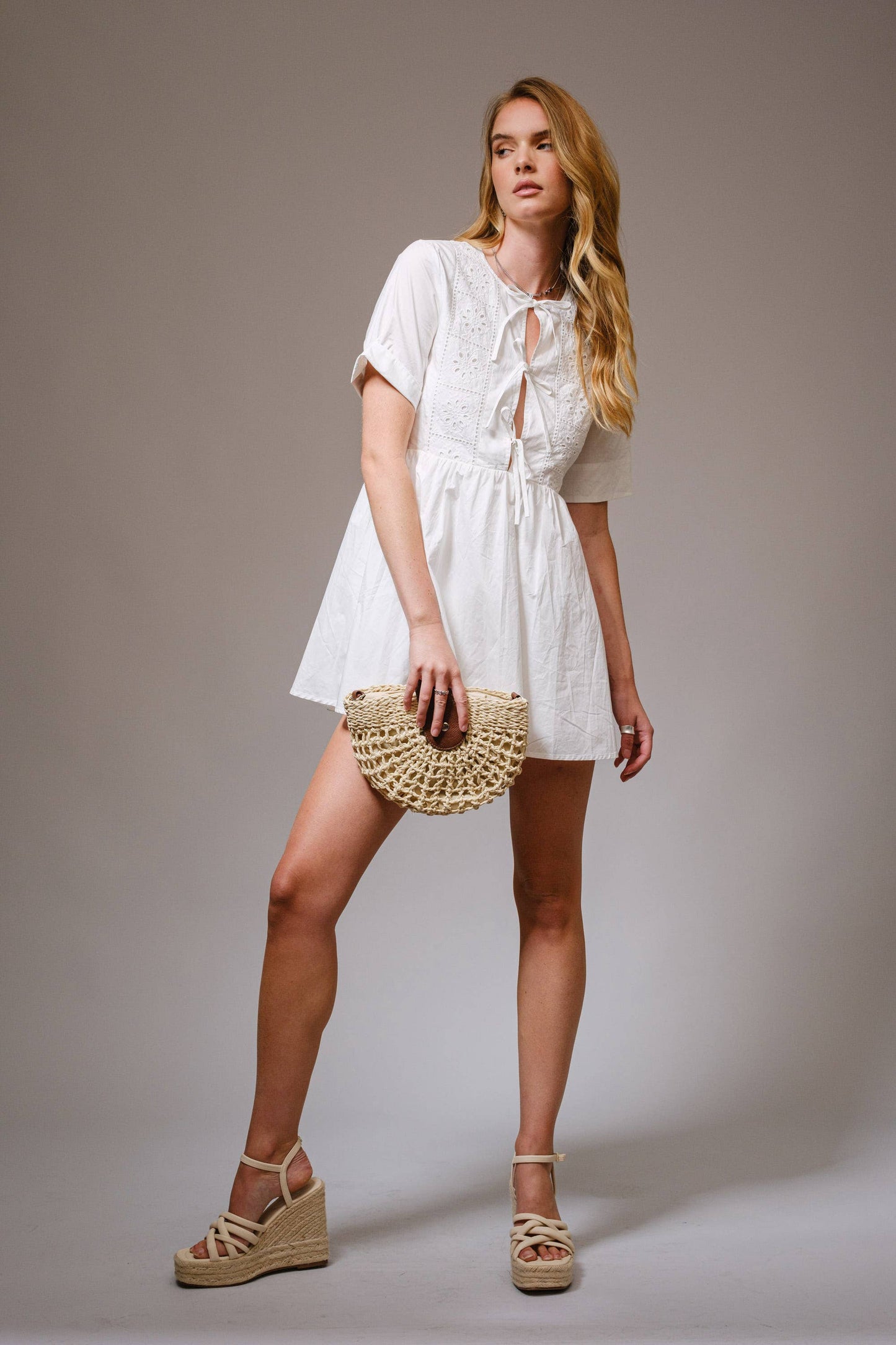 23318D - Eyelet Lace Tie Front Short Sleeve Mini Dress: OFF WHITE