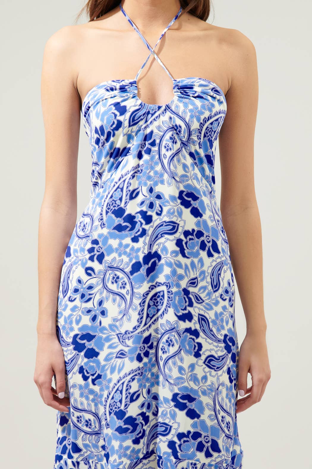 Sao Paulo Sky Augustine Convertible Halter Midi Dress: IVORY-BLUE