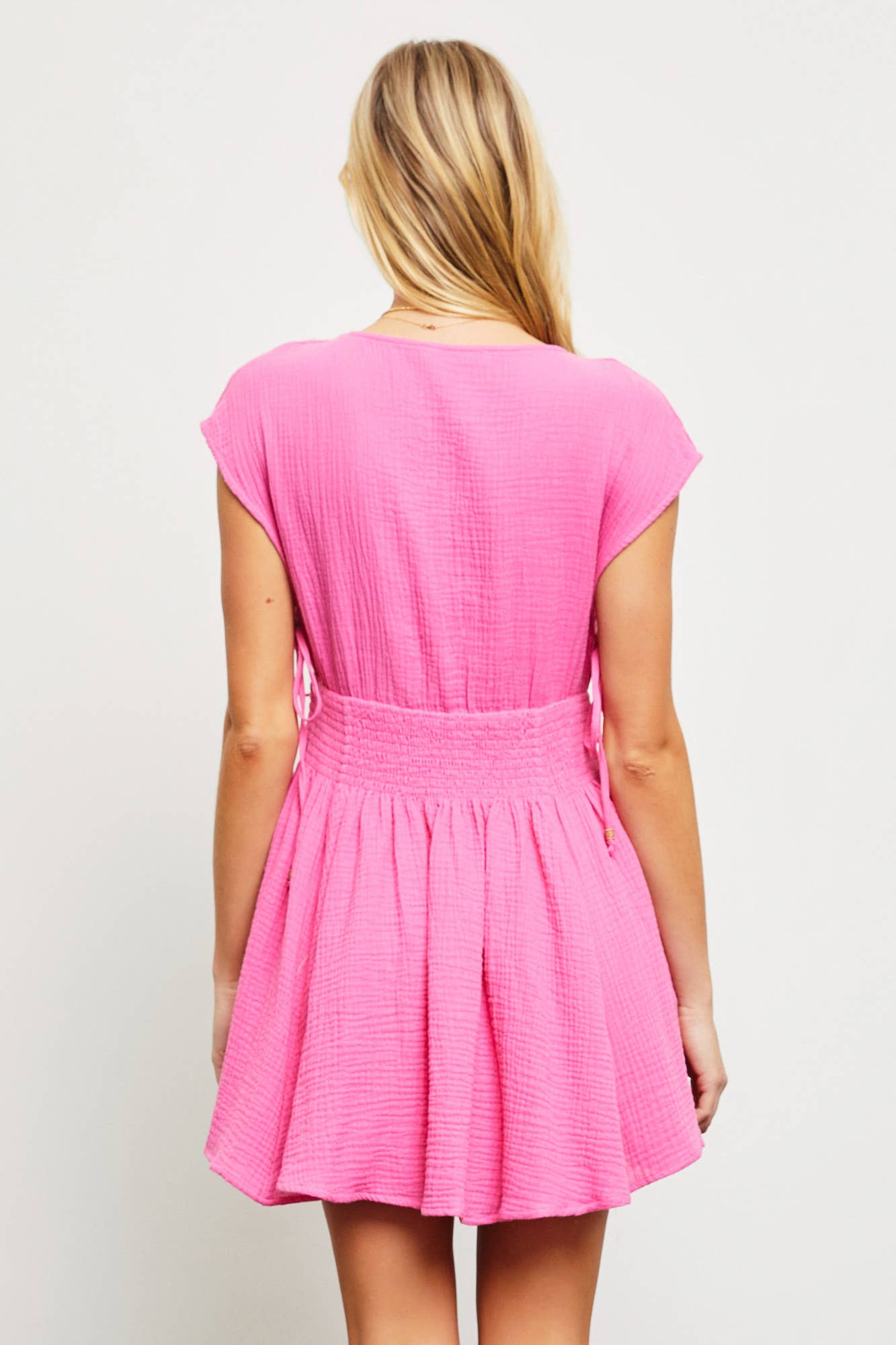 S22546 STRIPE TIE DETAIL DRESS: ALOE VERA