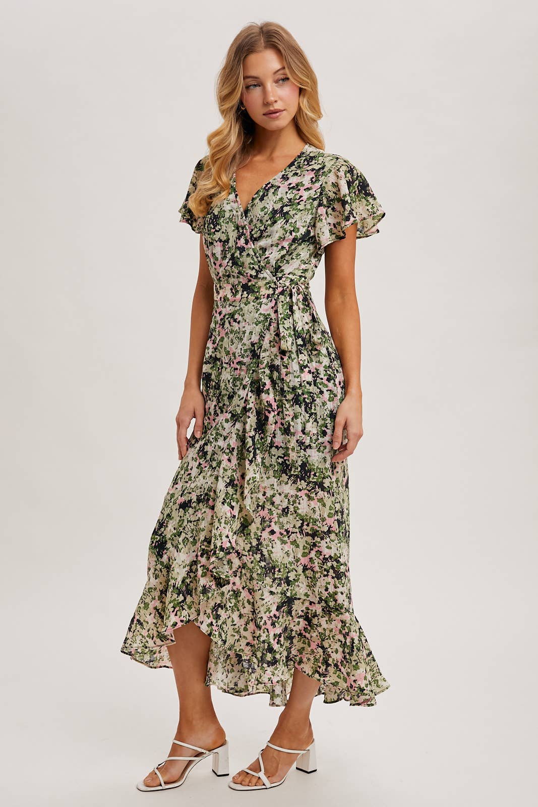 FLORAL PRINT WRAP RUFFLED MIDI DRESS: BLUE D02356