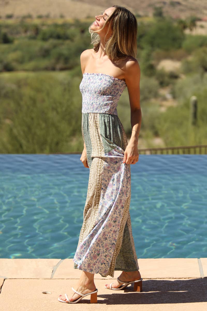 B5B26-FR43 SMOCKED TUBE WIDE LEG MIXED PRINT JUMPSUIT