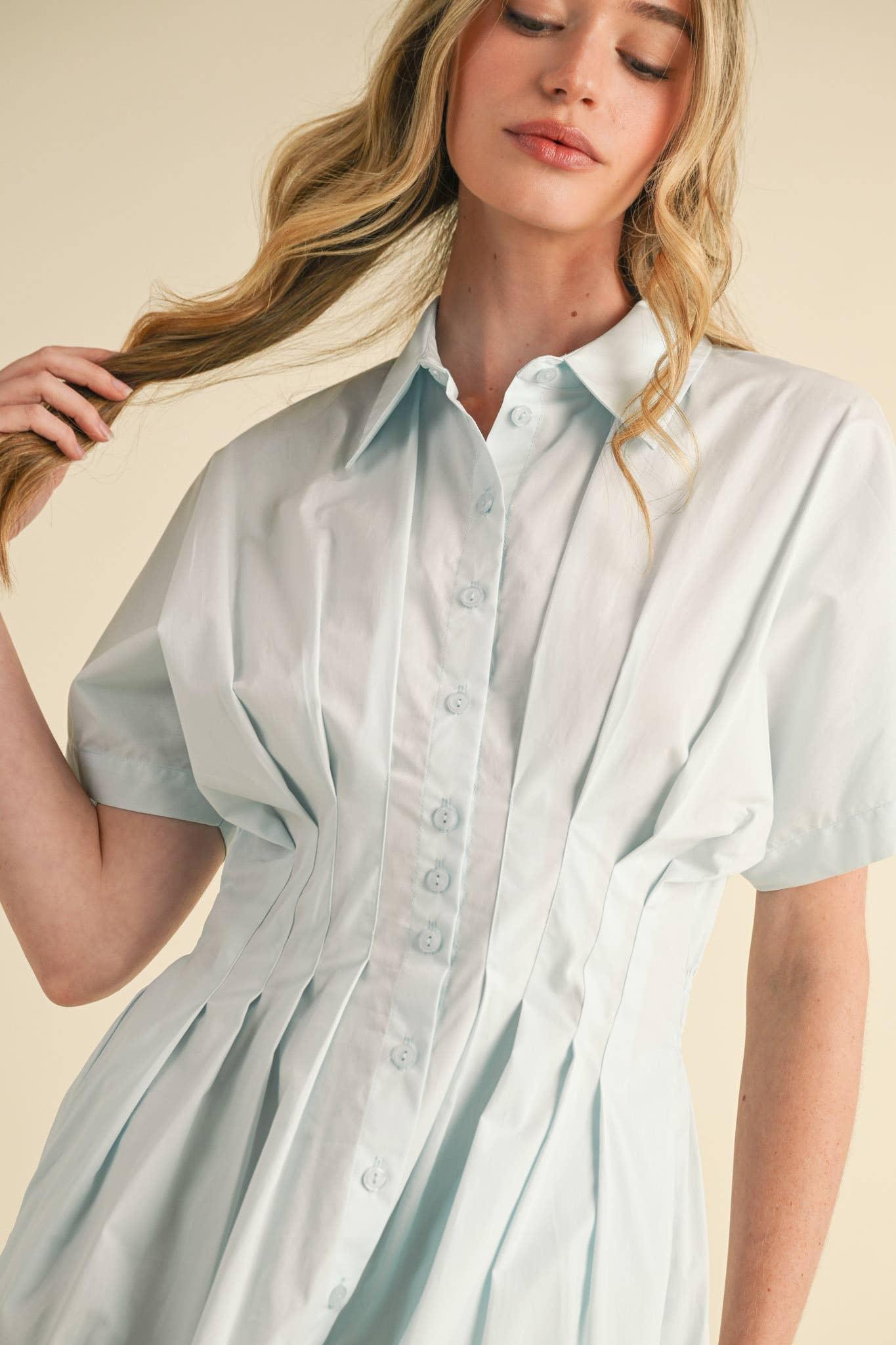 BUTTON DOWN PLEATED WAIST COLOR BLOCK MIDI DRESS MDR3556