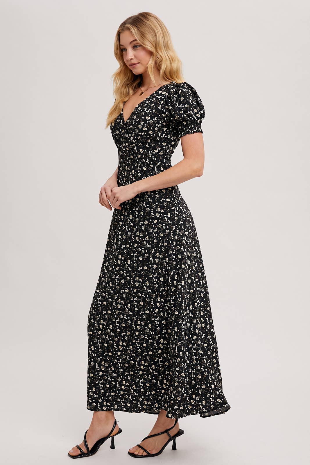 BOHO FLORAL PRINT V-NECK MAXI DRESS: Black / D02087