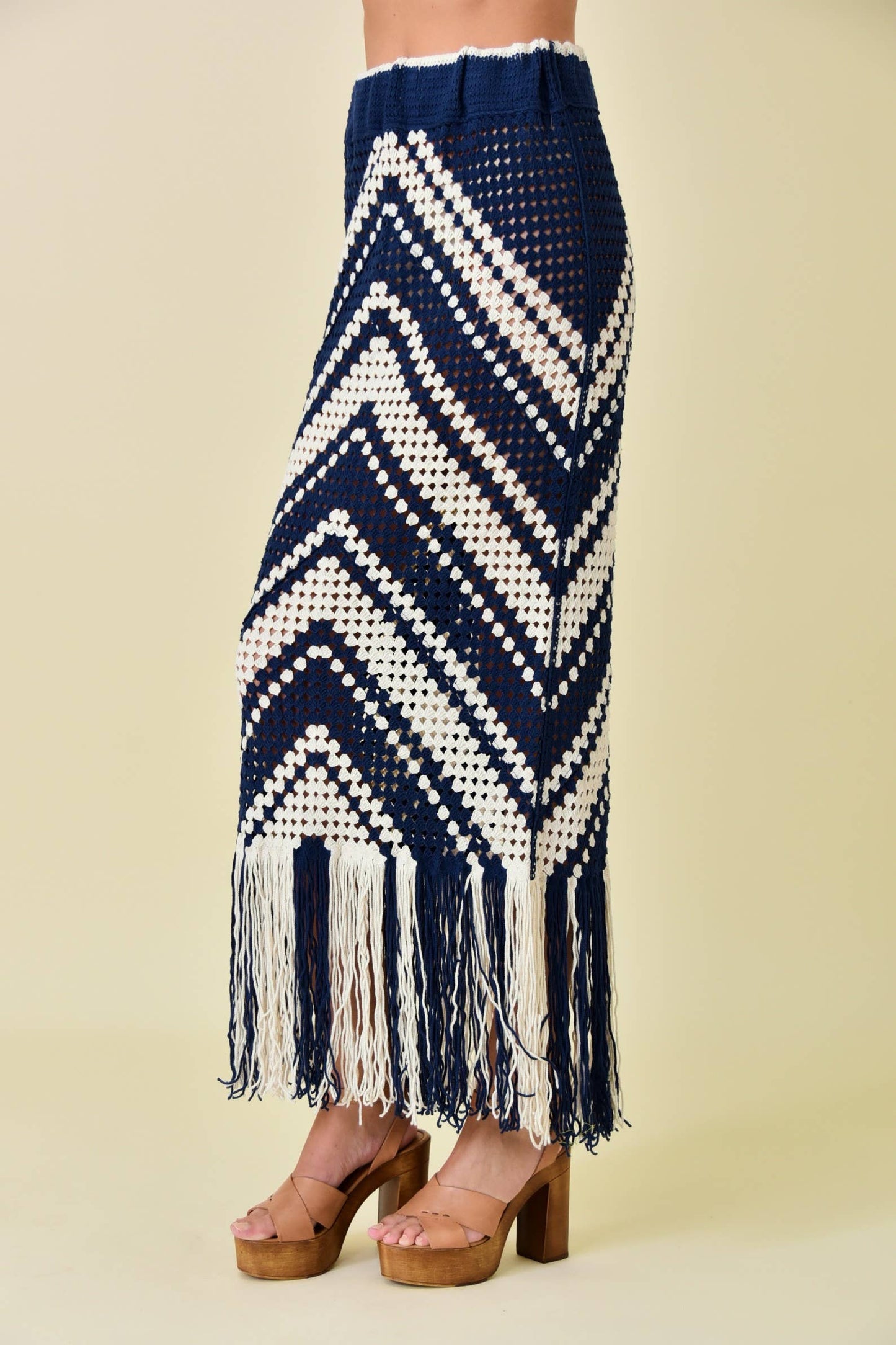 RESORT BEACH CHEVRON CROCHET FRINGED MIDI SKIRT-SI3997FO: Ivory/Navy