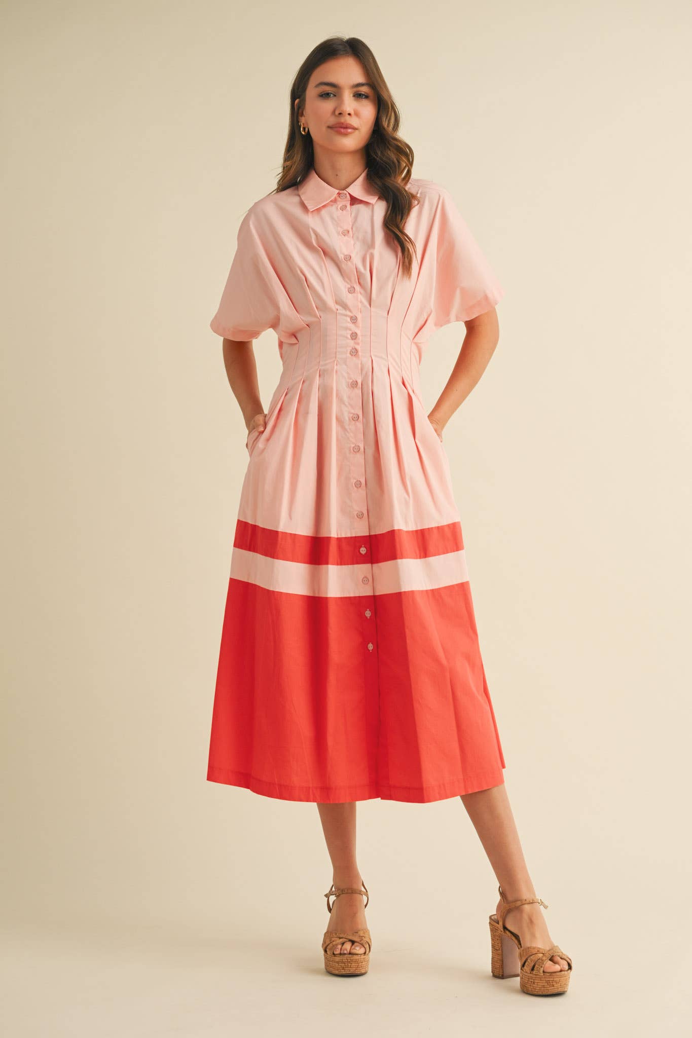 BUTTON DOWN PLEATED WAIST COLOR BLOCK MIDI DRESS MDR3556