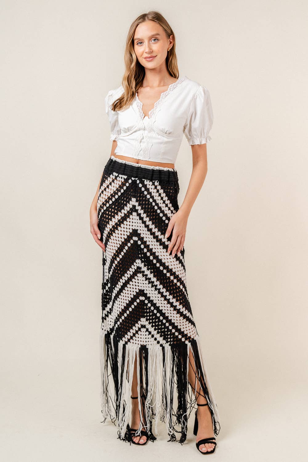 RESORT BEACH CHEVRON CROCHET FRINGED MIDI SKIRT-SI3997FO: Ivory/Navy