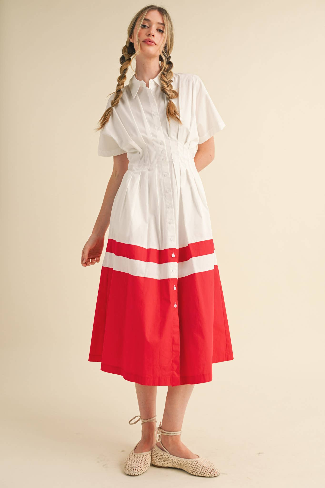 BUTTON DOWN PLEATED WAIST COLOR BLOCK MIDI DRESS MDR3556