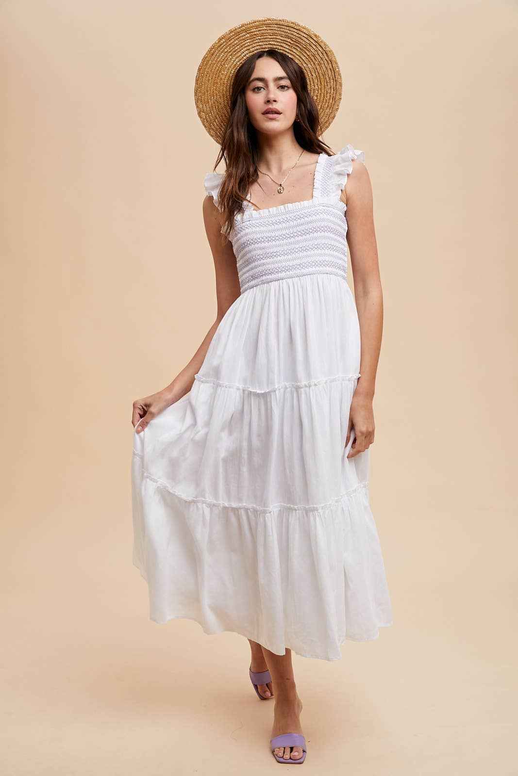 CONTRAST STITCHED SMOCKED MAXI DRESS: AIRY BLUE / ILD6242