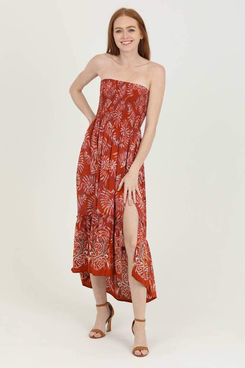 C4B01-A885 SMOCKED BODICE STRAPLESS MAXI DRESS WITH SLIT