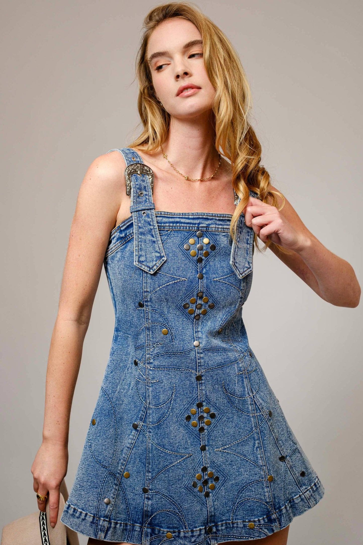 23466D - Studded Western Buckle Stretch Denim Dress: SAND