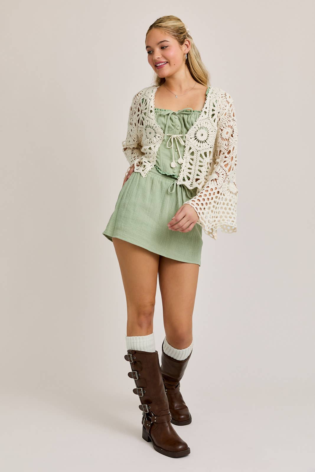 LONG SLEEVE CROCHET FRONT TIE OPEN TOP: CREAM / LWT0099