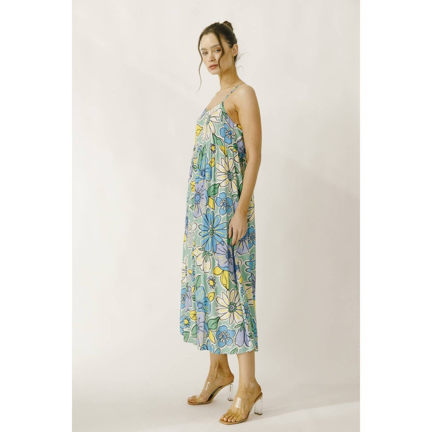 JD4711-1- LARGE BRIGHT FLORAL BABY DOLL MIDI DRESS: GREEN