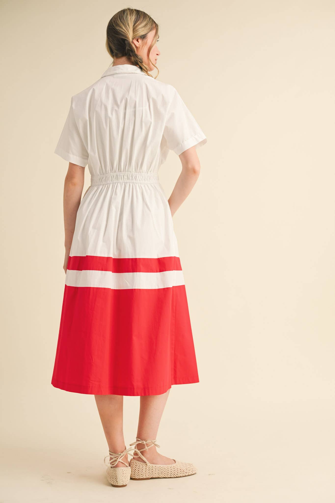 BUTTON DOWN PLEATED WAIST COLOR BLOCK MIDI DRESS MDR3556