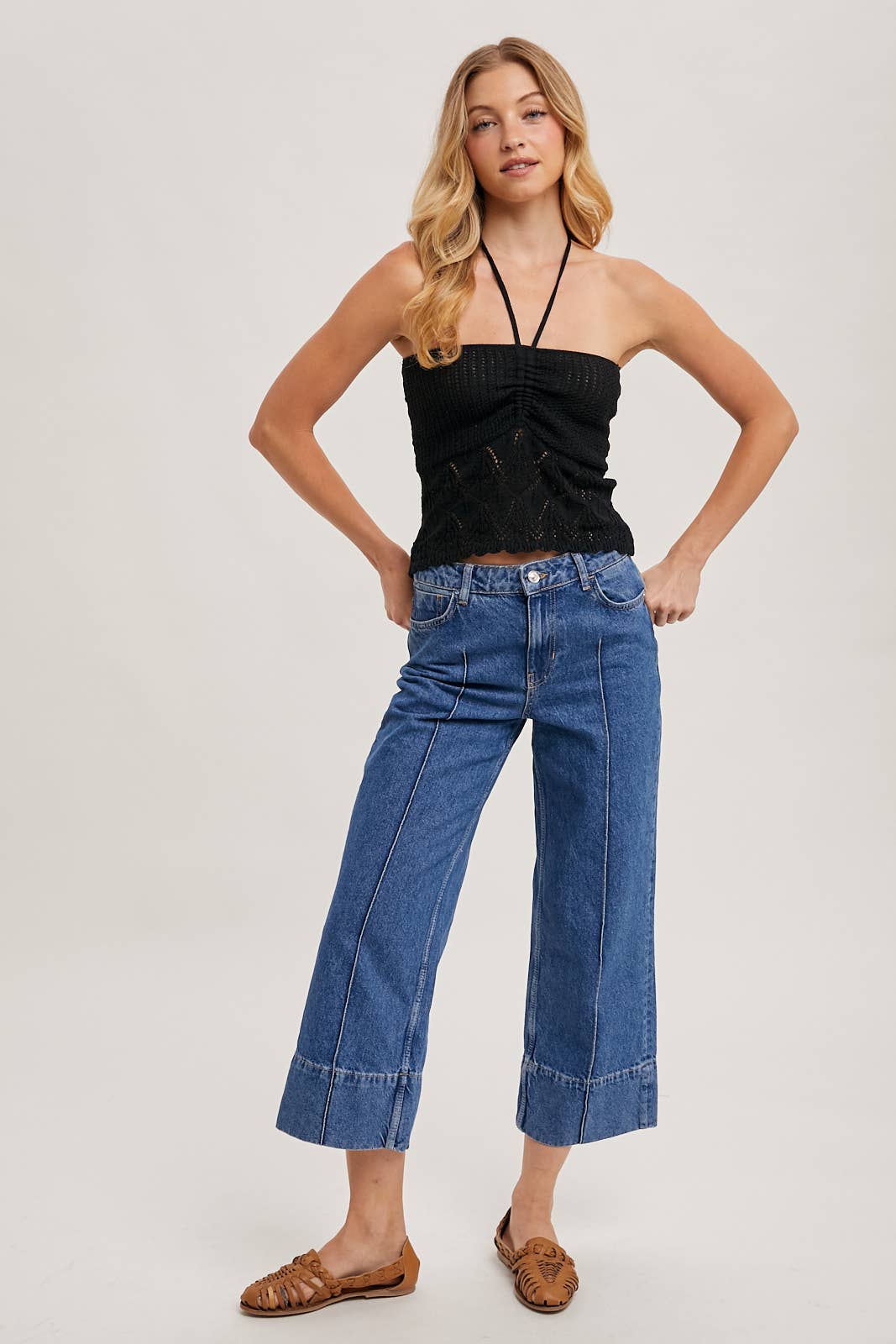 KNOTTED POINTELLE KNIT HALTER TOP SWEATER: Black / T02269