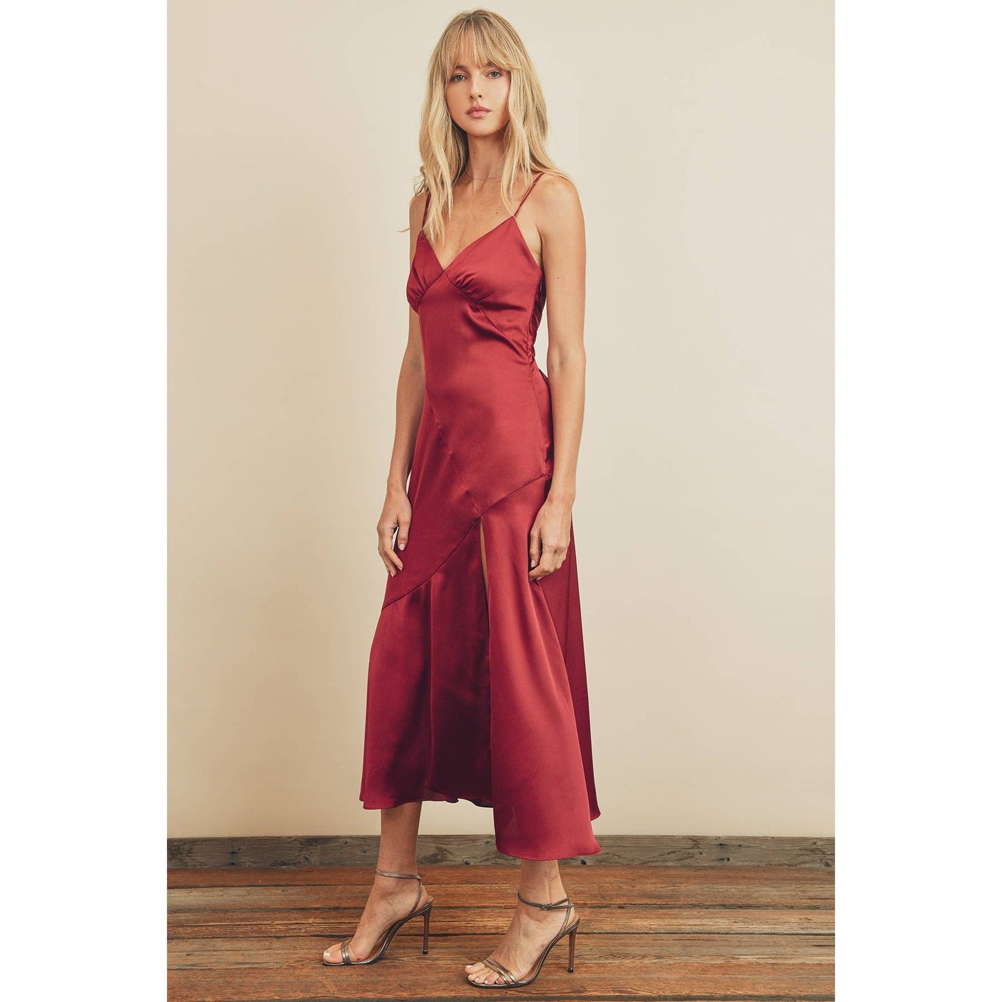 Satin Tie-Back Slit Midi Dress: SANGRIA / FD4571_1