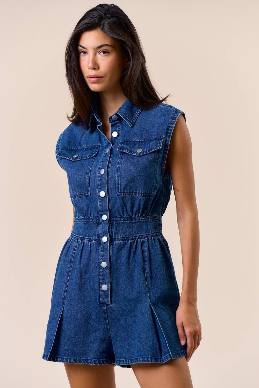 ILR4677 Sleeveless Collared Button Down Romper : WHITE