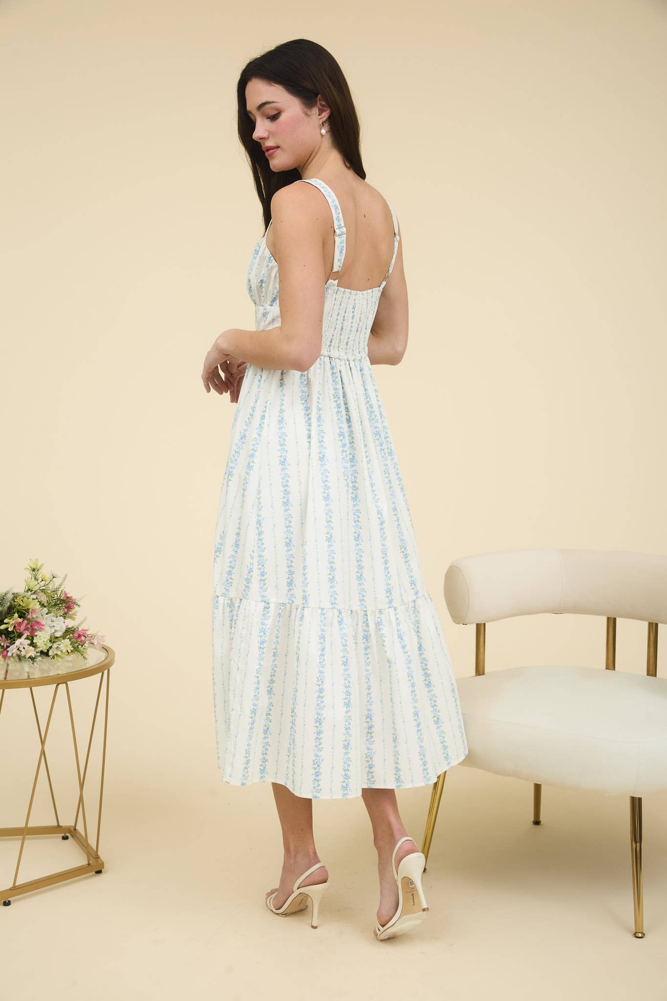 FLORAL STRIPE BUTTON DETAIL MAXI DRESS: BLUE B5SD1045