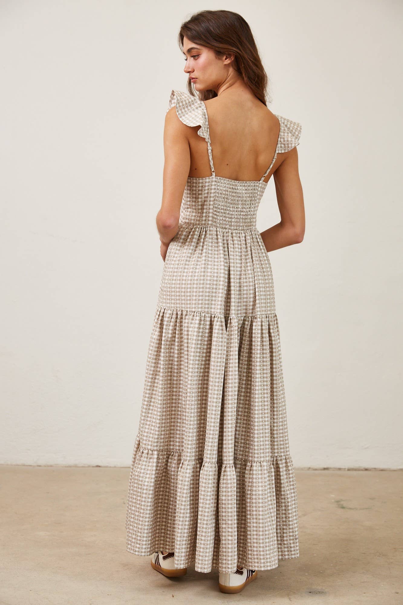 Heart Gingham Print Button Down Ruffle Maxi Dress: MOCHA / MD2567