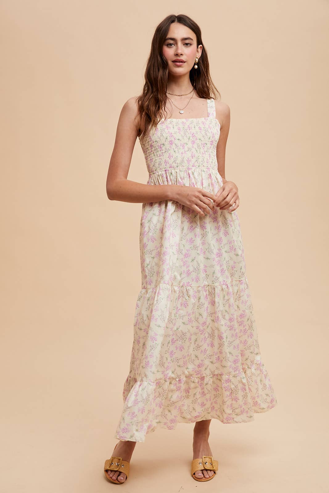 SMOCKED COTTON FLORAL MAXI DRESS: FRENCH BLUE / ILD6312-A