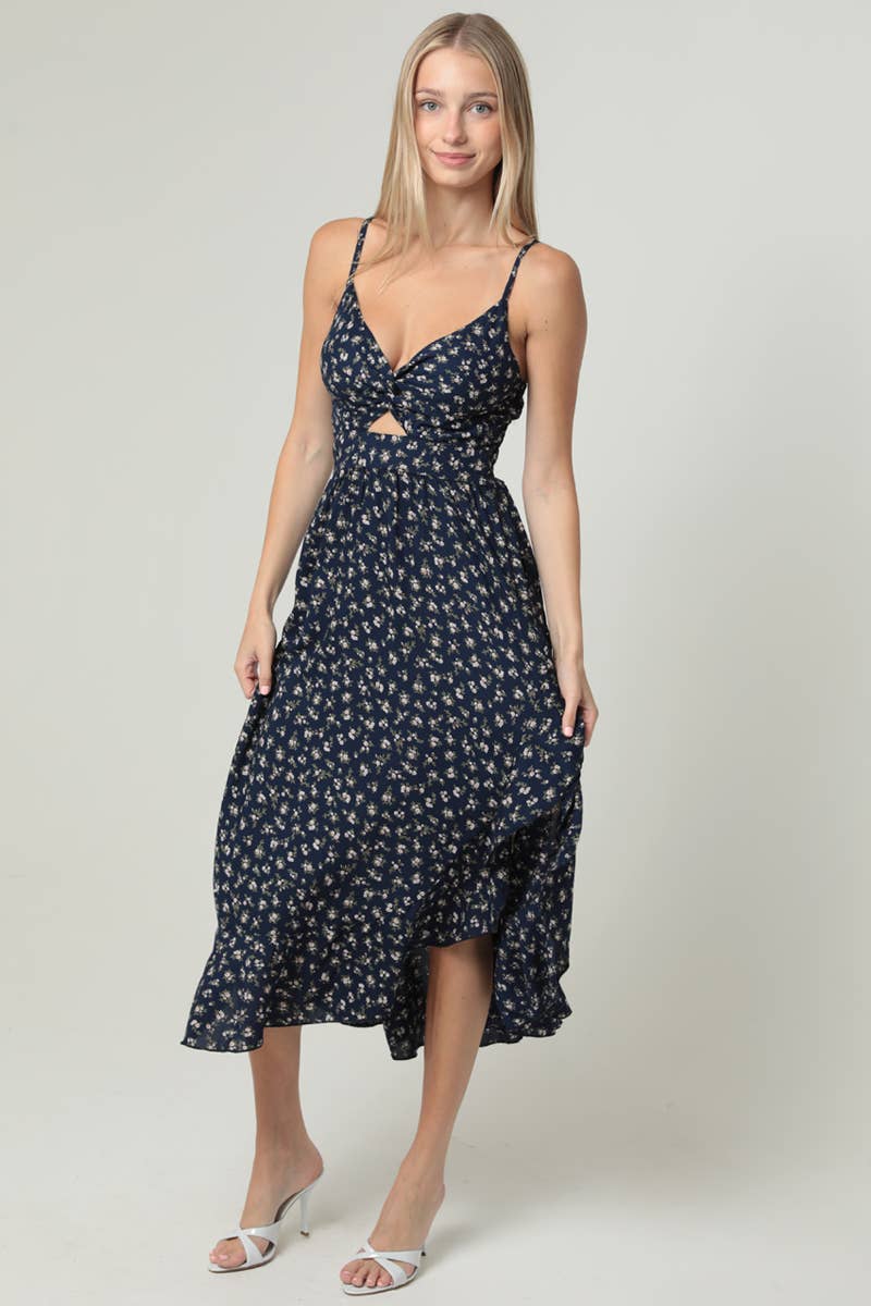 C4F25-WA92 V NECK TWIST FRONT CUT OUT SIDE SLIT RUFFLE MIDI