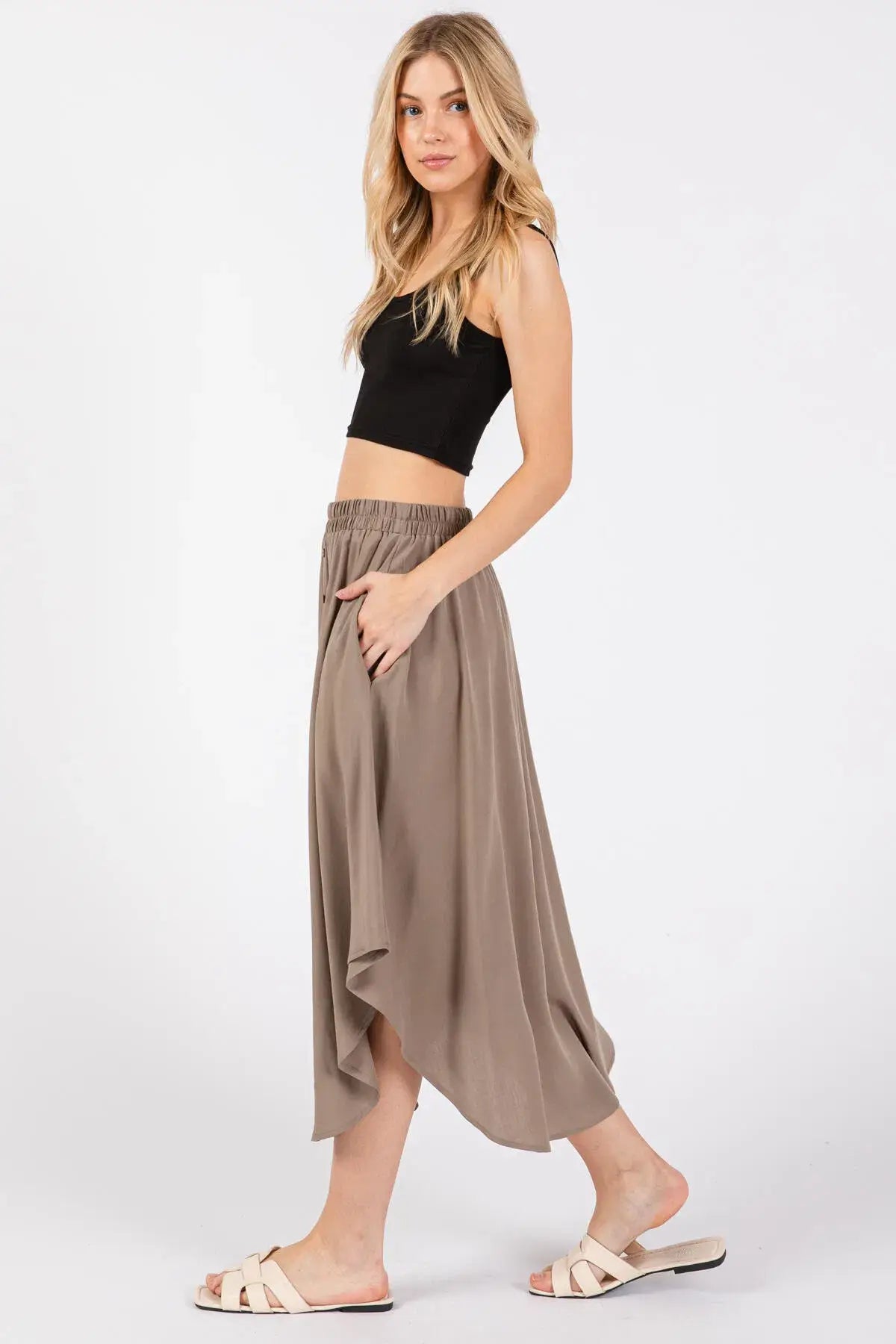 Solid Elastic Waist Midi Skirt - NS80162D: Dune