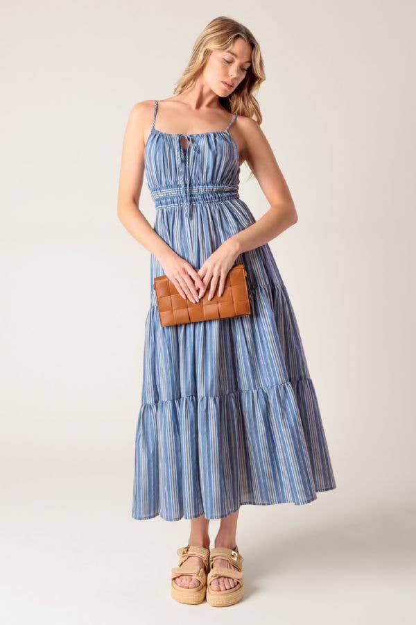 A striped woven midi dress - ID22001: DENIM BLUE STRIPE
