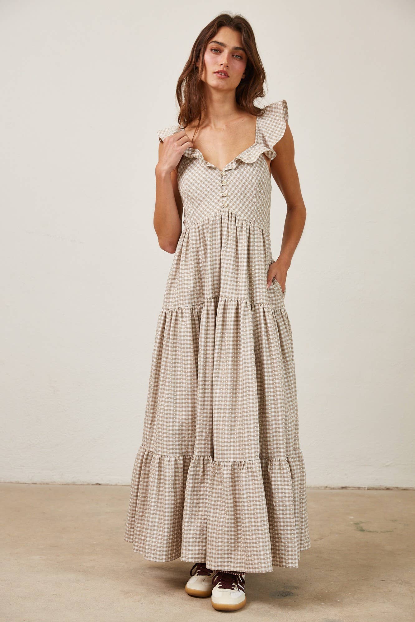 Heart Gingham Print Button Down Ruffle Maxi Dress: MOCHA / MD2567