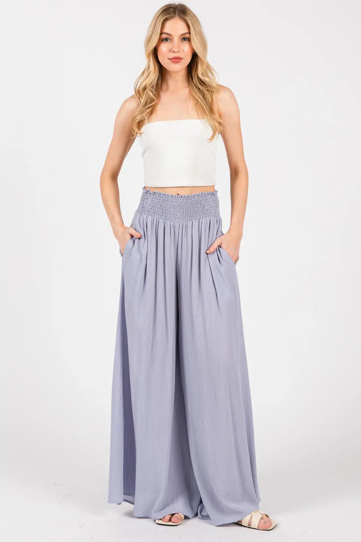 Smocked Waist Wide Leg Pants - NP16530Y: Military Green