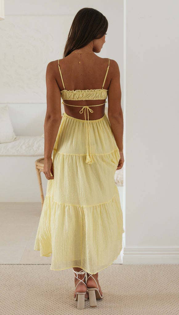 Solid bandeau strap backless swing maxi tiered dress: Blue / RCJY00340-Blue