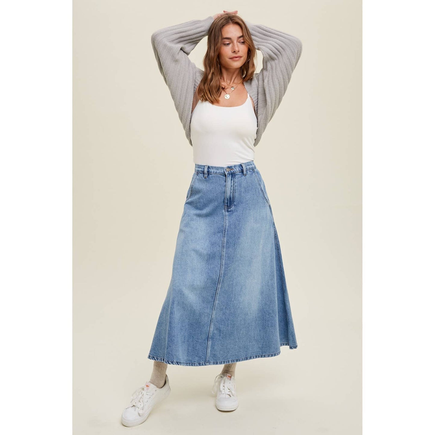 FLARE DENIM MIDI SKIRT WITH POCKETS / WL23-8274: DENIM