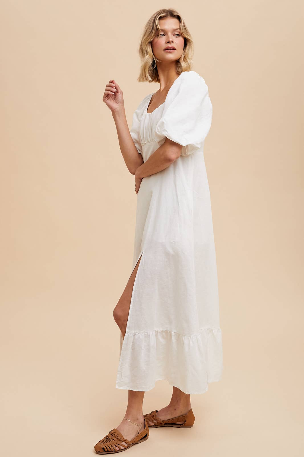 LINEN FIT AND FLARE EMPIRE DRESS: OFF-WHITE / ILD5689