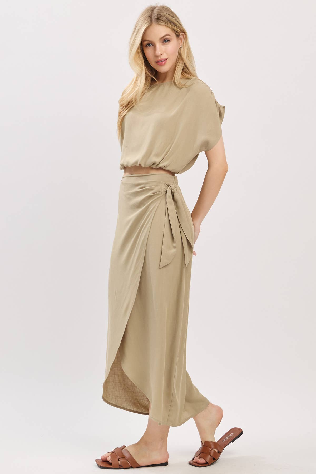 Wrap Midi Skirt With Side Tie - NS80148A: Sage Green