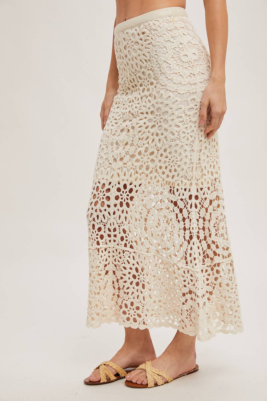 CROCHET MIDI SKIRT WITH LINING: NATURAL / B02609